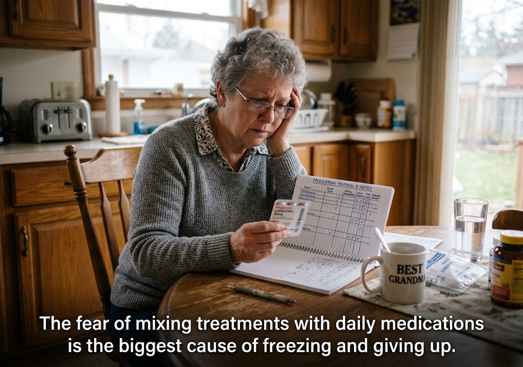 An older woman at her kitchen table, worried while checking her medications
