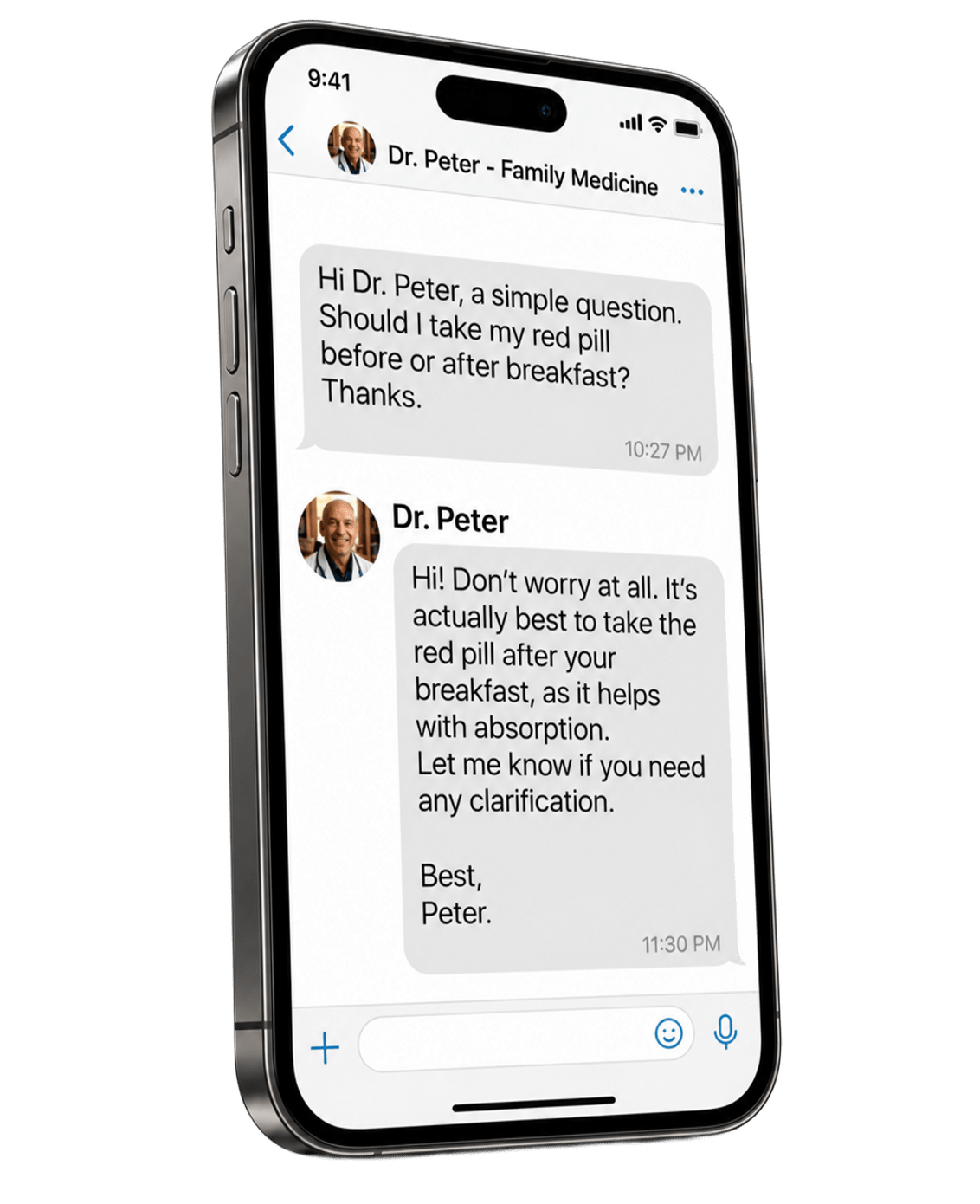 Phone screen showing a chat with Dr. Peter answering a patient's question